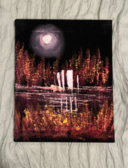 Purple Moon Autumn Forest Lakeside — Night Nature Canvas Art