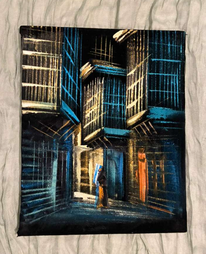 Teal Blue Mashrabiya Alleyway at Night — Old City Heritage Canvas Art