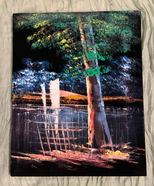 Dark Lakeside Tree & Sailboat Night — Serene Nature Canvas Art