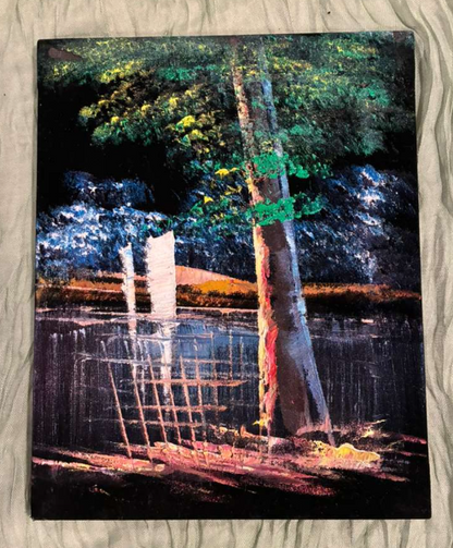 Dark Lakeside Tree & Sailboat Night — Serene Nature Canvas Art