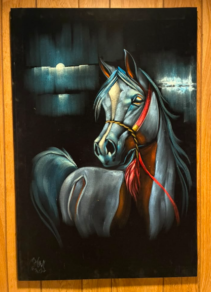 Moonlit Grey Arabian Horse Portrait Canvas Wall Art | Silver Stallion Dark Luxury Print 23.6" × 35.4"