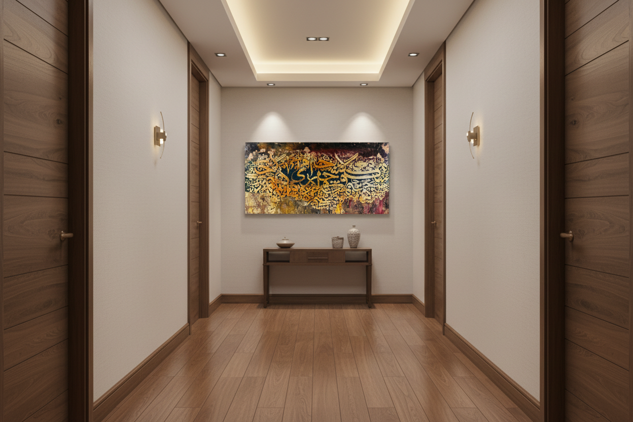 Abstract Arabic Calligraphy Canvas Wall Art – Gold & Dark Mixed Media | 47.24" × 23.62" (120cm × 60cm)