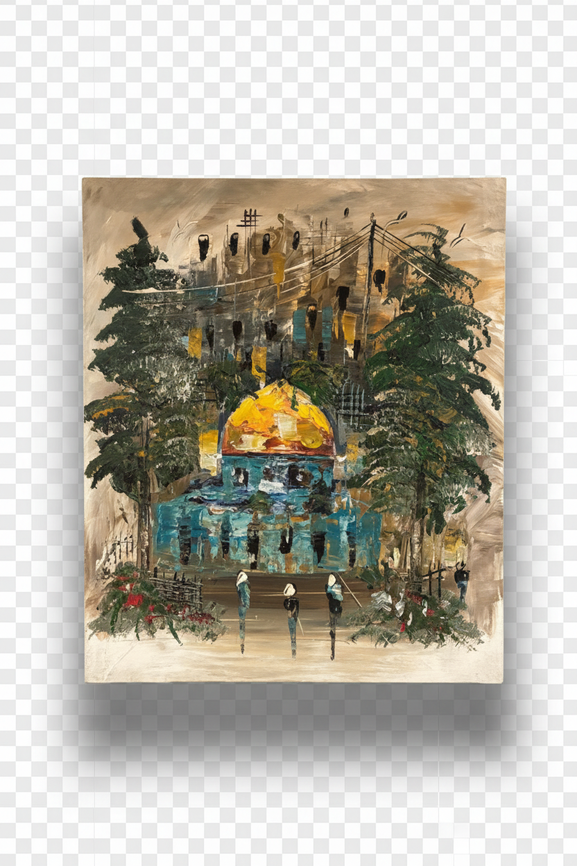 Dome of the Rock pine trees oil painting isolated on transparent background with natural drop shadow