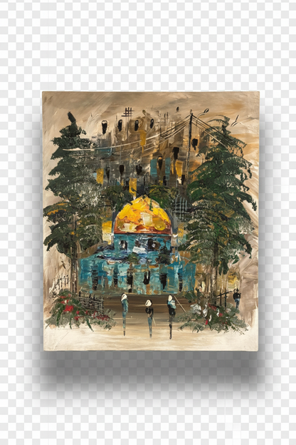 Dome of the Rock pine trees oil painting isolated on transparent background with natural drop shadow