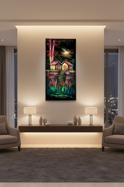 Twin Red Roof Cabins painting displayed in luxury living room area setting