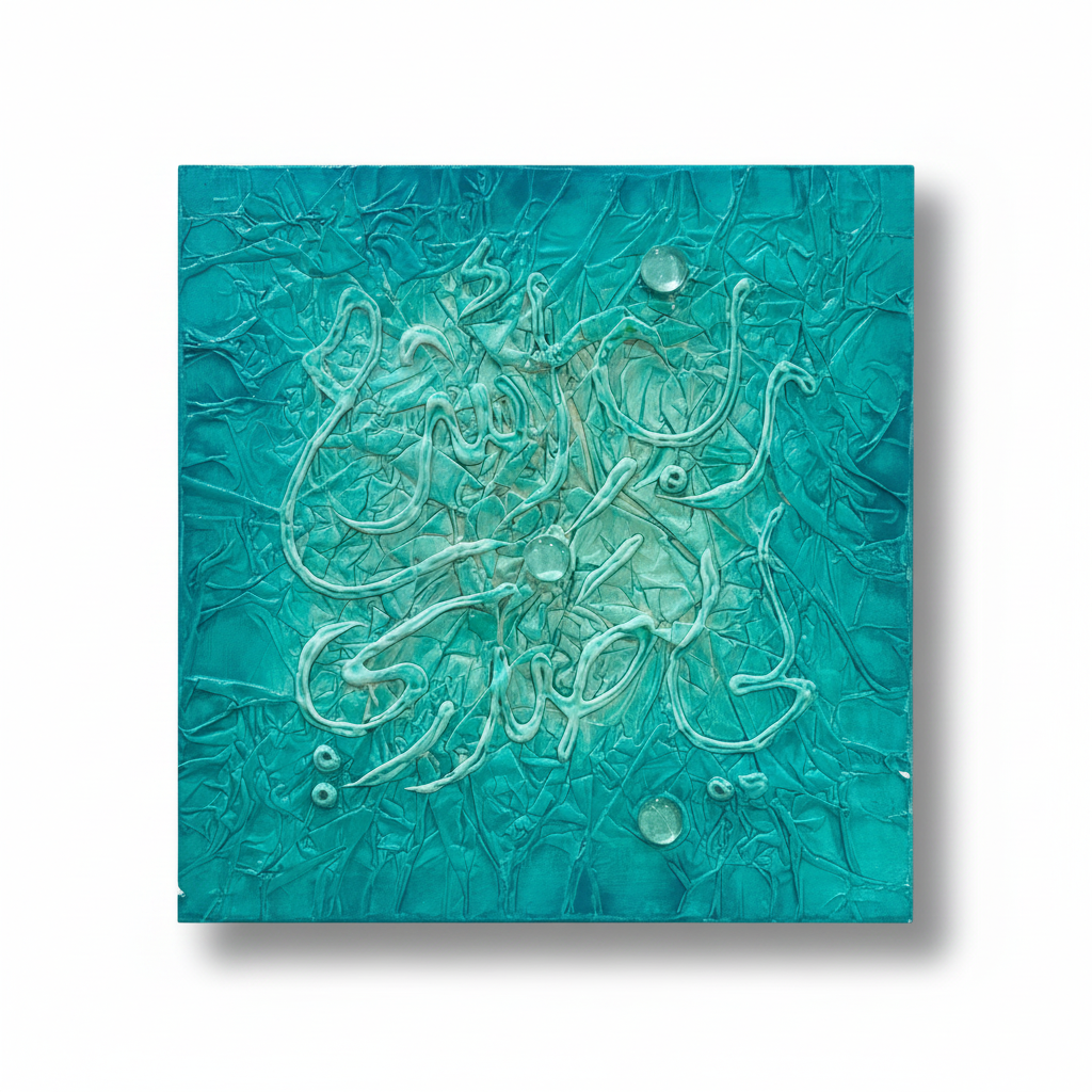 Islamic calligraphy teal turquoise wall art on white background with shadow