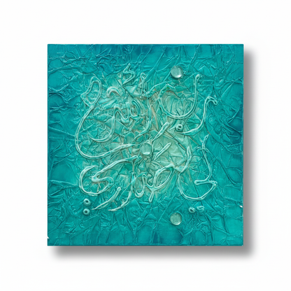 Islamic calligraphy teal turquoise wall art on white background with shadow