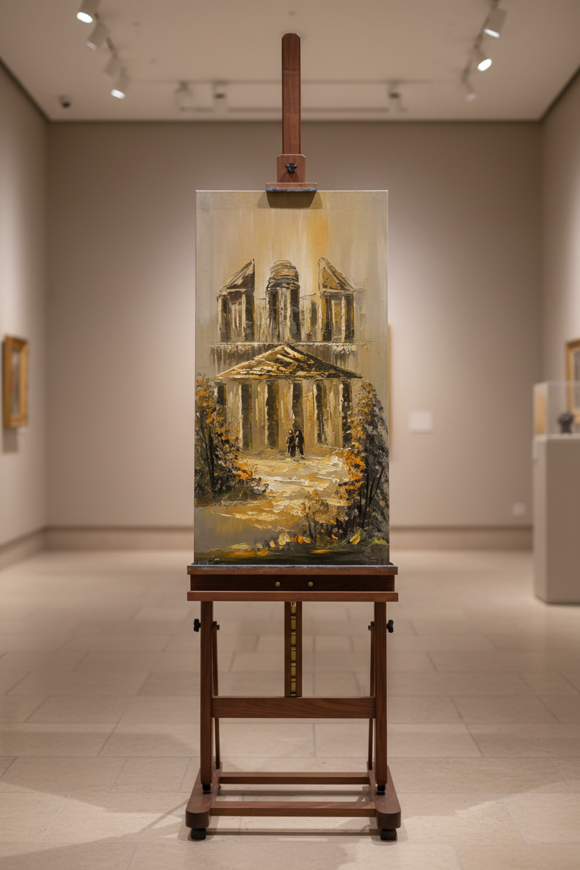 Ancient Temple oil painting displayed on art stand easel