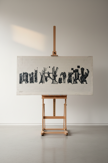 Tahrir Square painting displayed on wooden easel stand – lifestyle product view