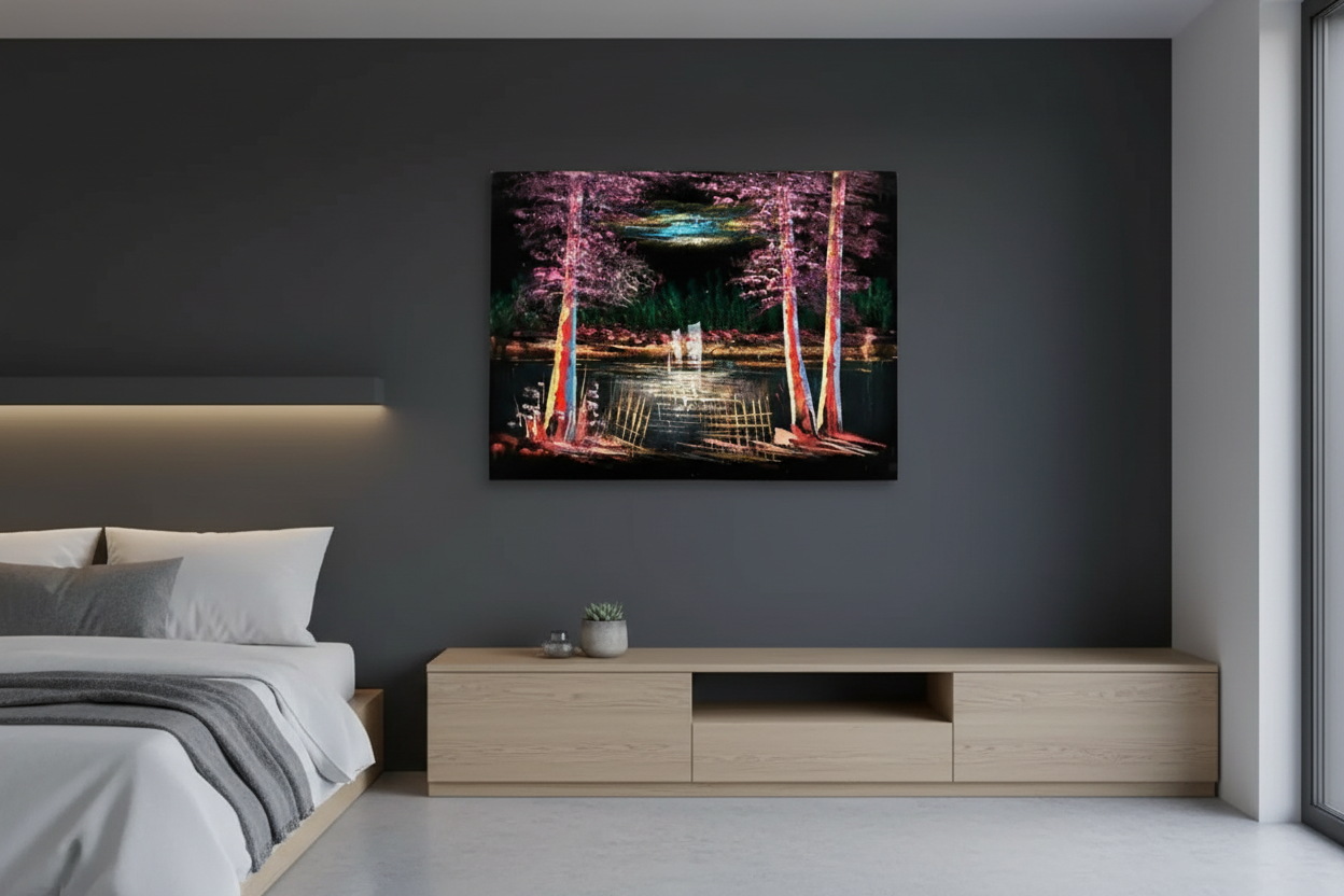 Colorful forest lake night canvas art hung on dark charcoal accent wall in modern minimalist bedroom lifestyle photo