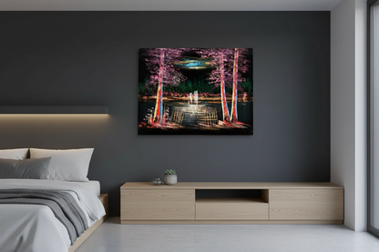 Colorful forest lake night canvas art hung on dark charcoal accent wall in modern minimalist bedroom lifestyle photo