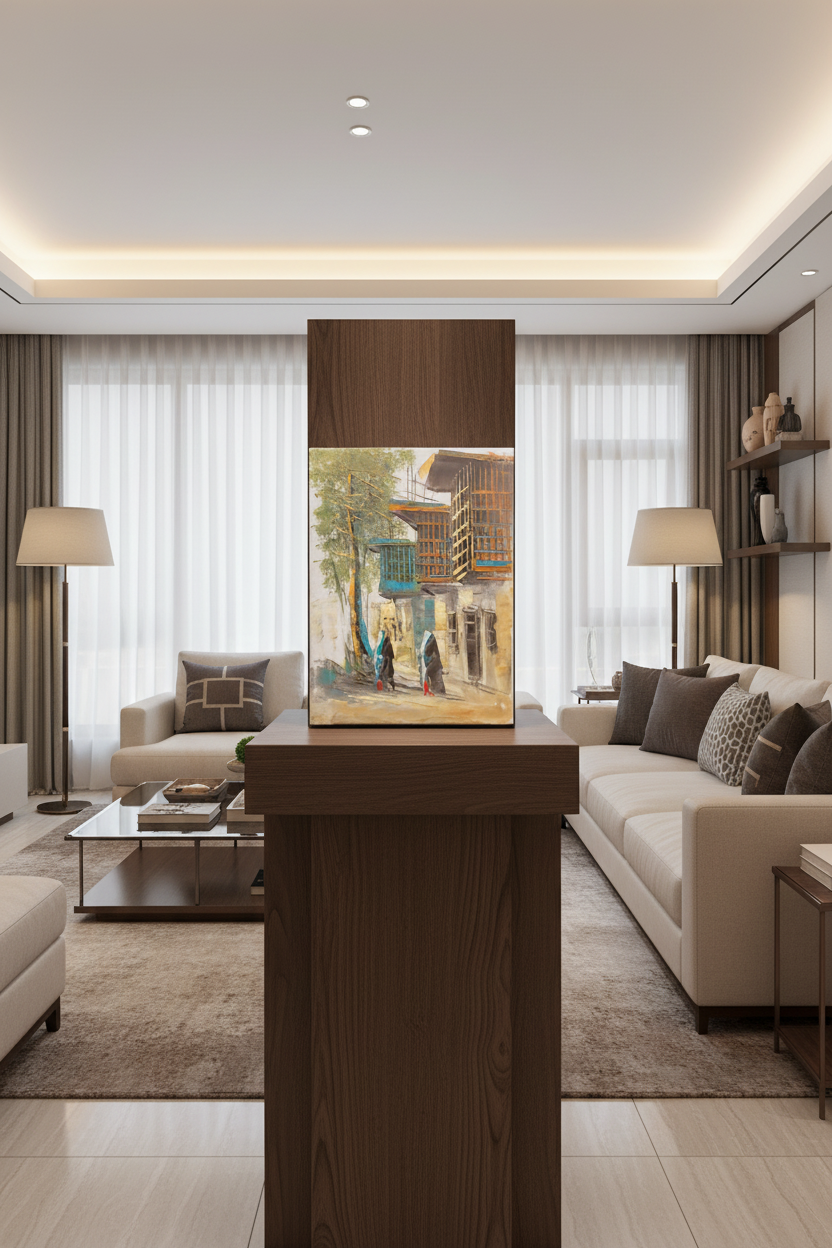 Old town street scene oil painting displayed on a wooden art stand in a modern living room