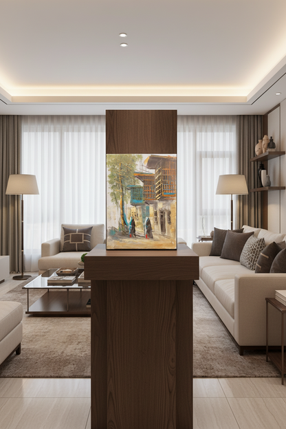 Old town street scene oil painting displayed on a wooden art stand in a modern living room