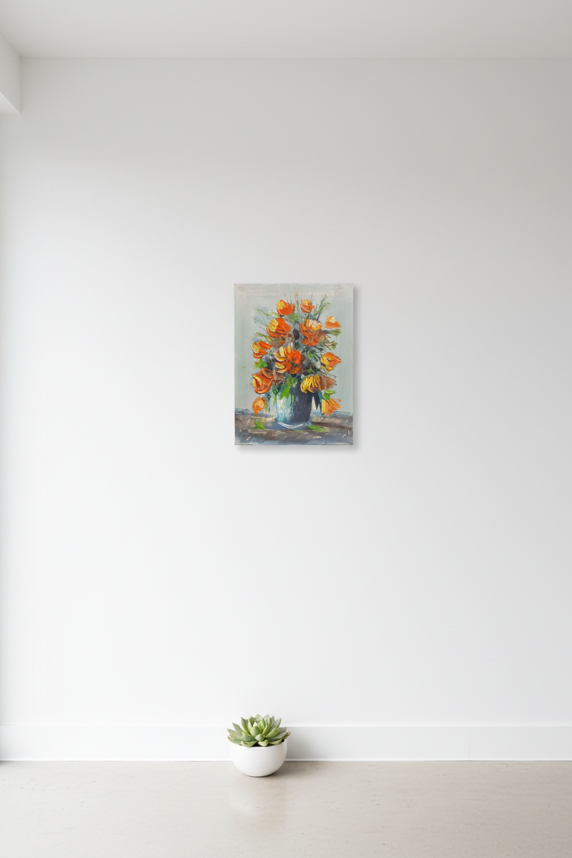 Orange tulips oil painting hung on an empty white wall – frameless display