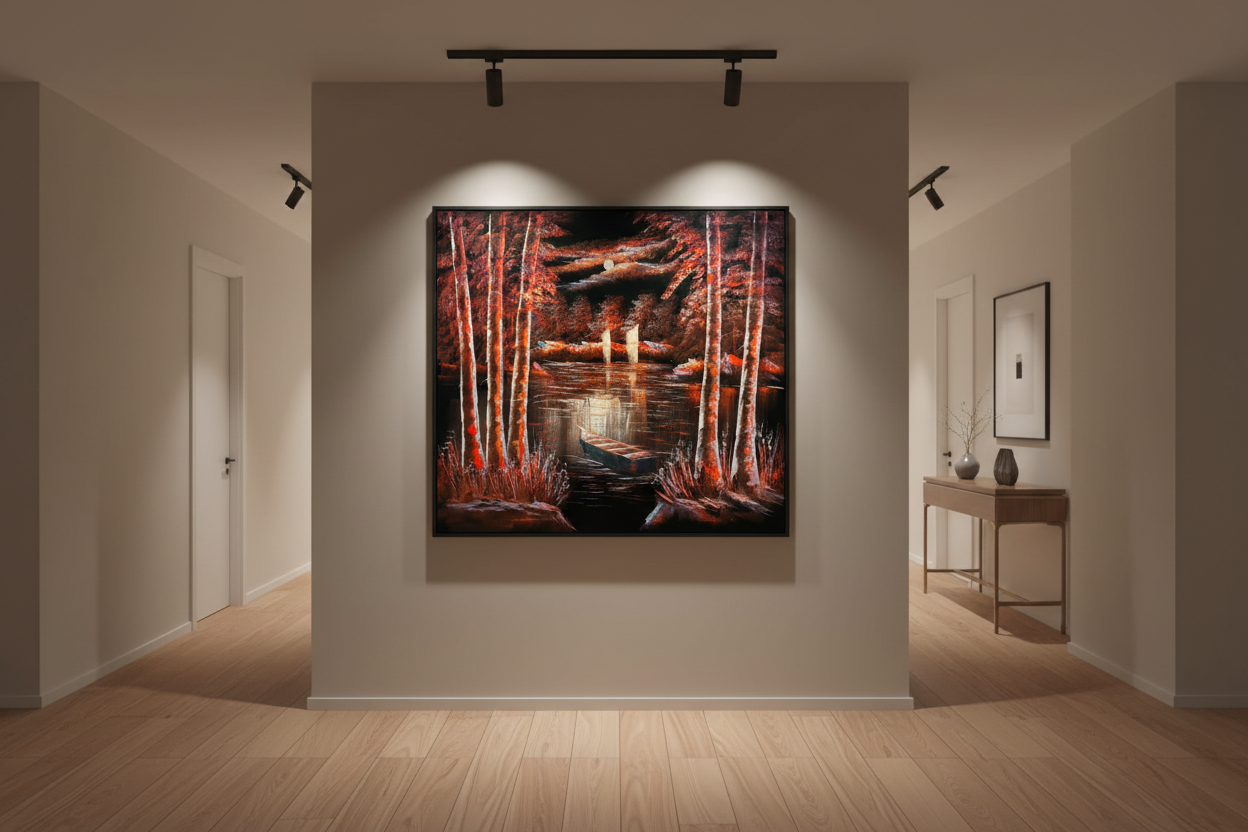 Moonlit Autumn Lake oil painting displayed in an elegant hallway — 39.4 x 31.5 inch canvas wall art