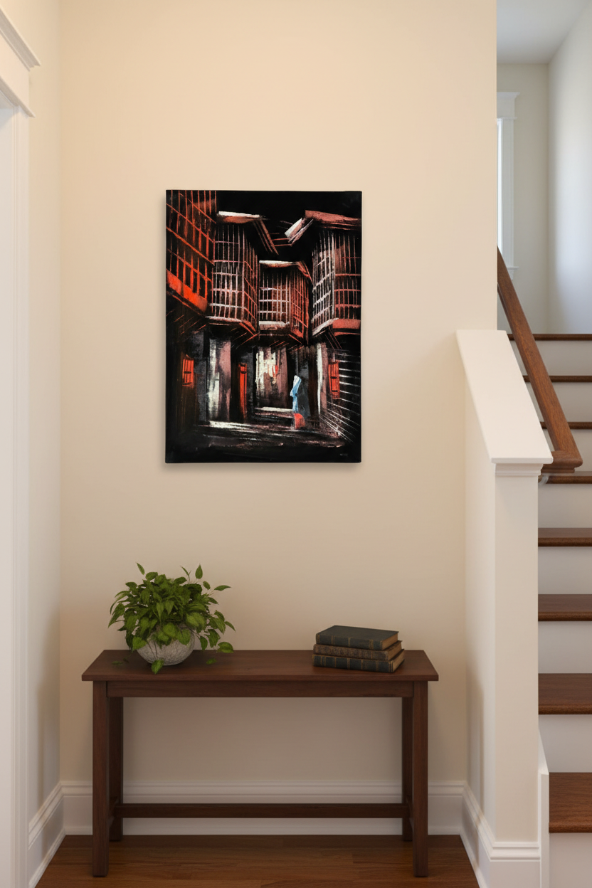 Red Alleyway at Night oil painting on cream white wall in intimate hallway near staircase — no frame, lifestyle interior staging
