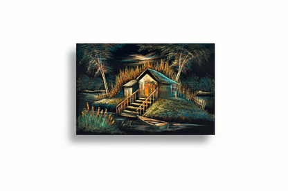 Riverside cabin night canvas art on white background with shadow — clean product view