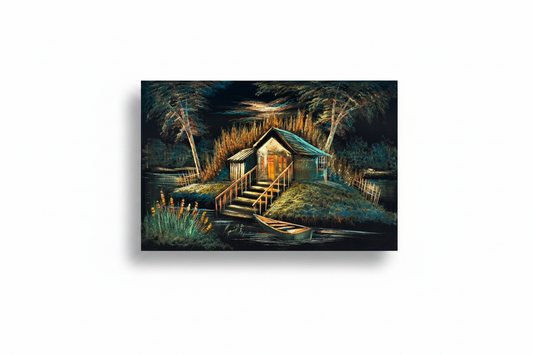 Riverside cabin night canvas art on white background with shadow — clean product view