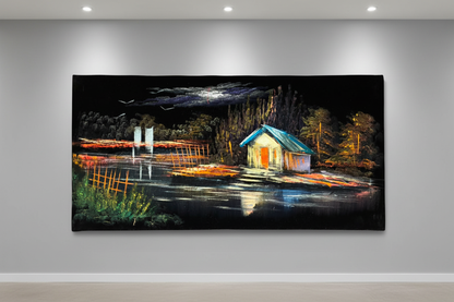 Teal Roof Cottage painting displayed in modern hallway interior setting