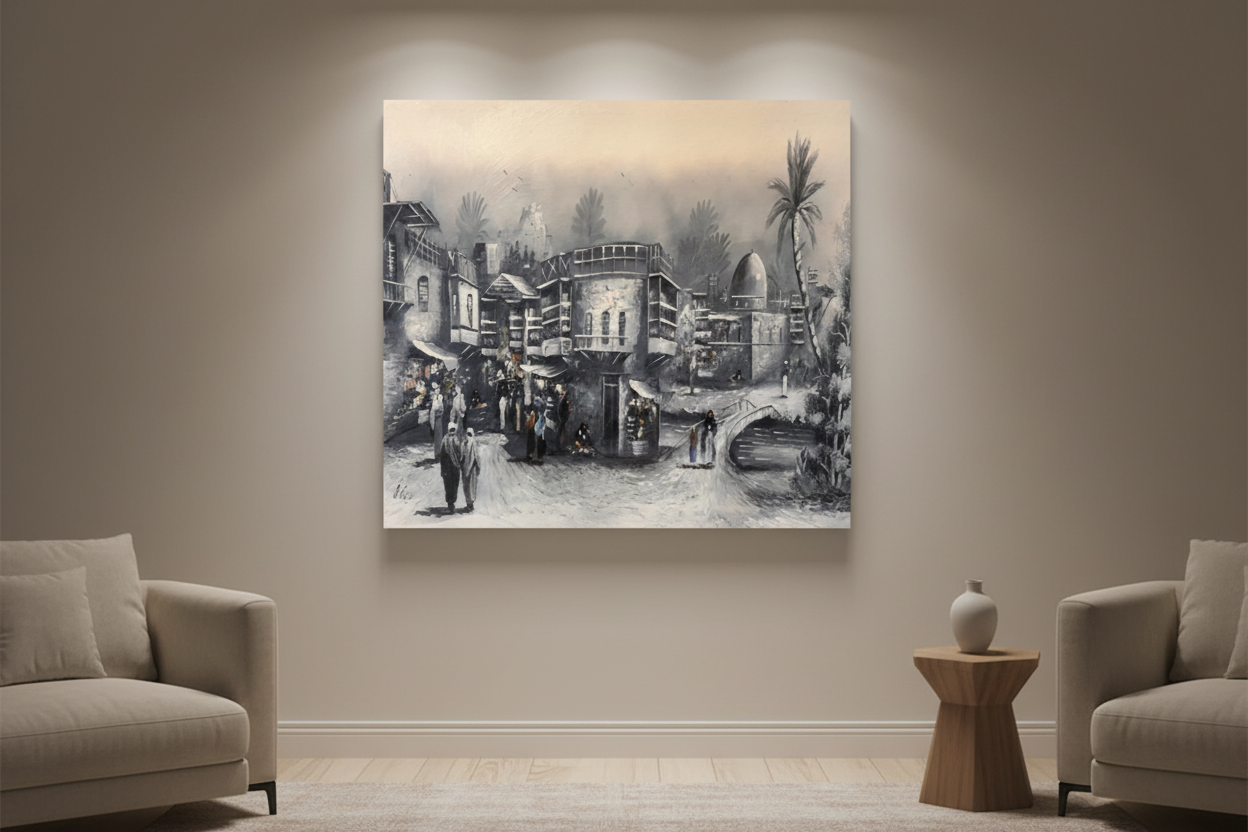 Monochrome Arabian old city street scene heritage canvas art displayed in elegant room lifestyle photo