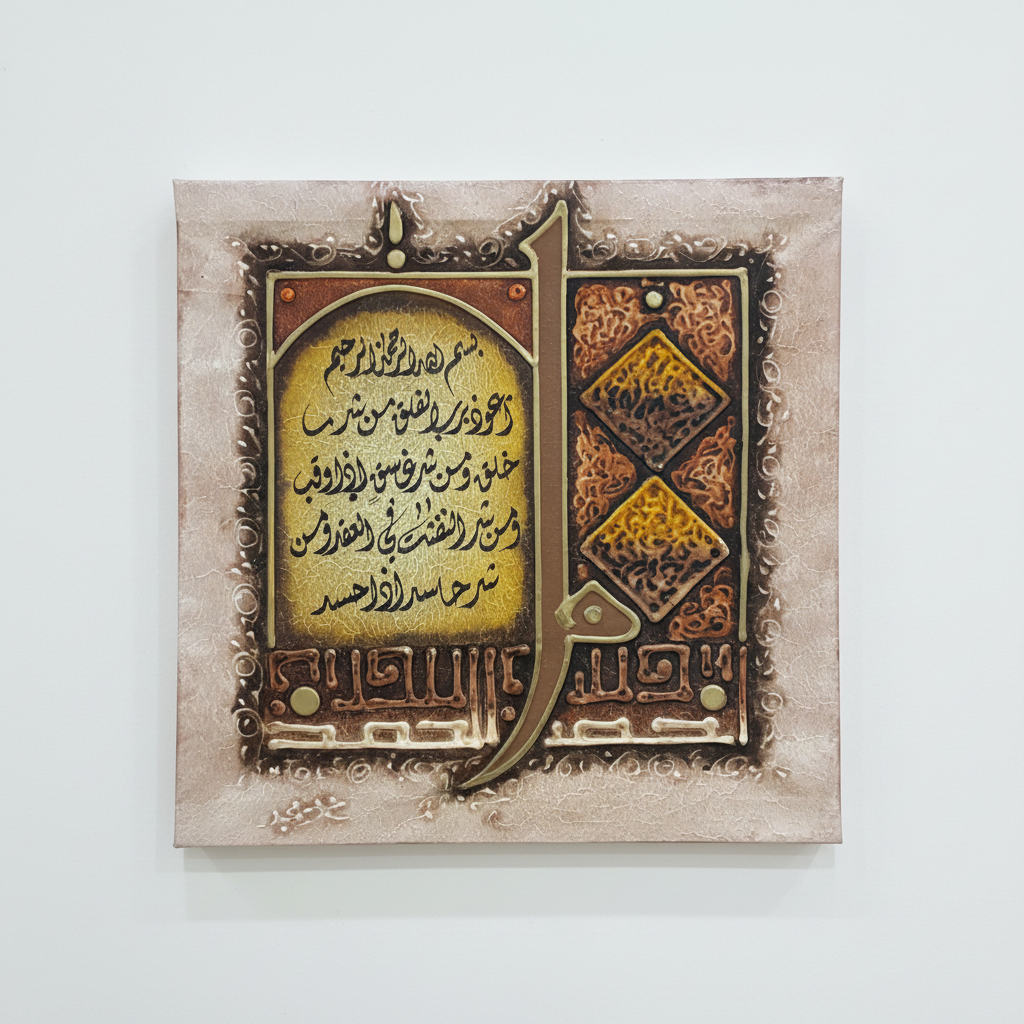 Surah Al-Falaq Alif-Lam canvas hung on empty white wall