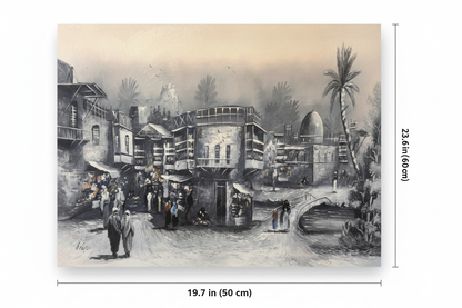 Monochrome Arabian old city street canvas art with dimensions 19.7 inches wide x 23.6 inches tall 50cm x 60cm
