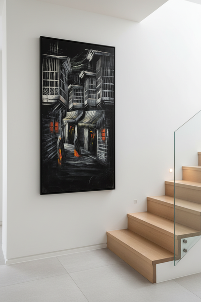 Midnight alley painting displayed on staircase wall in luxury home interior