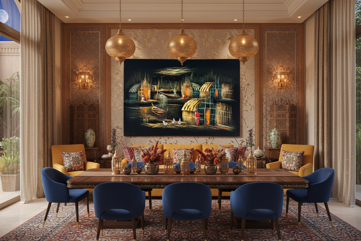 Iraqi marsh village canvas art in luxury dining or sitting area — lifestyle mockup