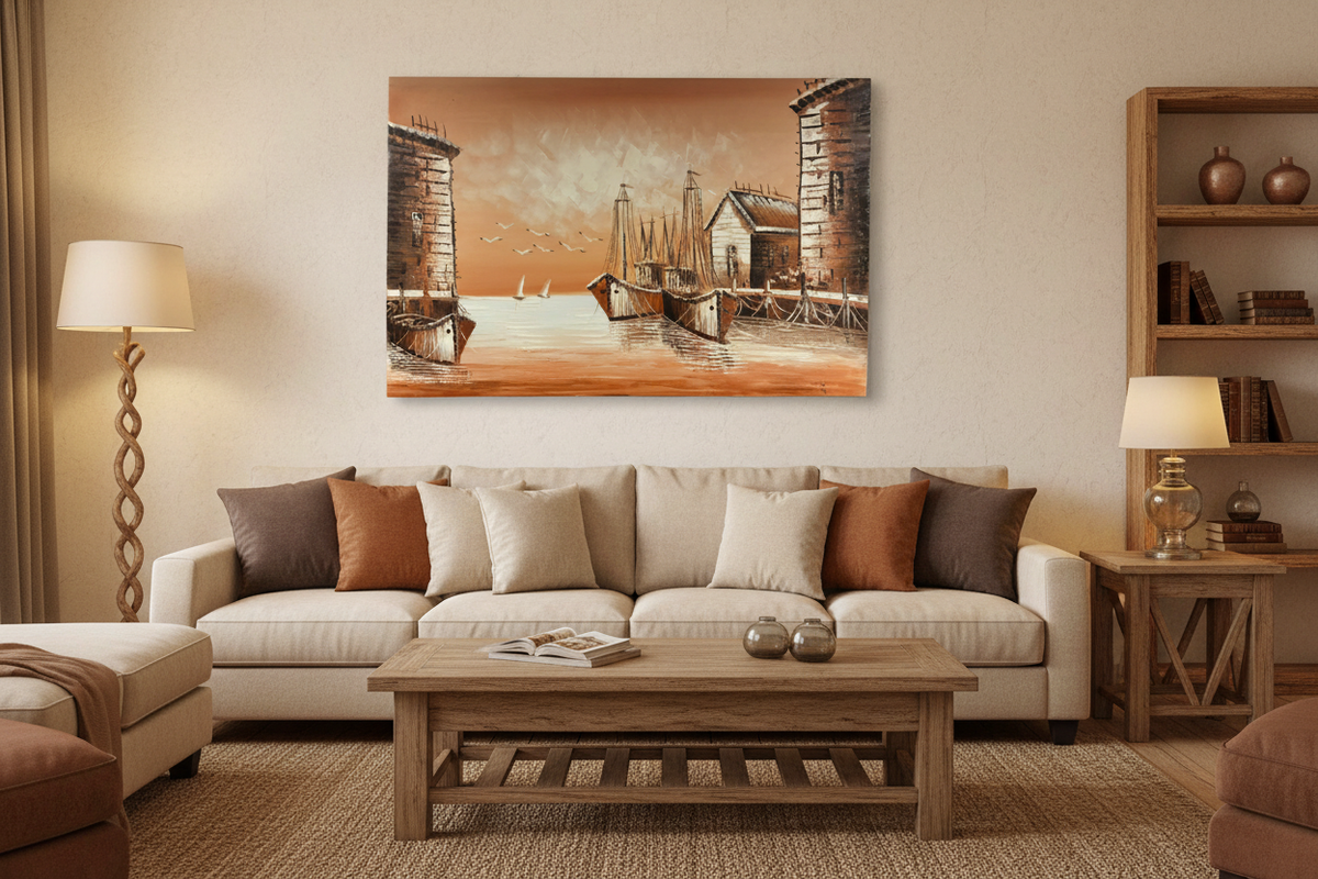 Original harbor dock oil painting hung unframed on wall in a cozy warm family room at true scale 35.43 by 23.62 inches