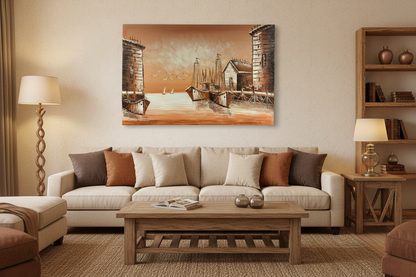 Original harbor dock oil painting hung unframed on wall in a cozy warm family room at true scale 35.43 by 23.62 inches