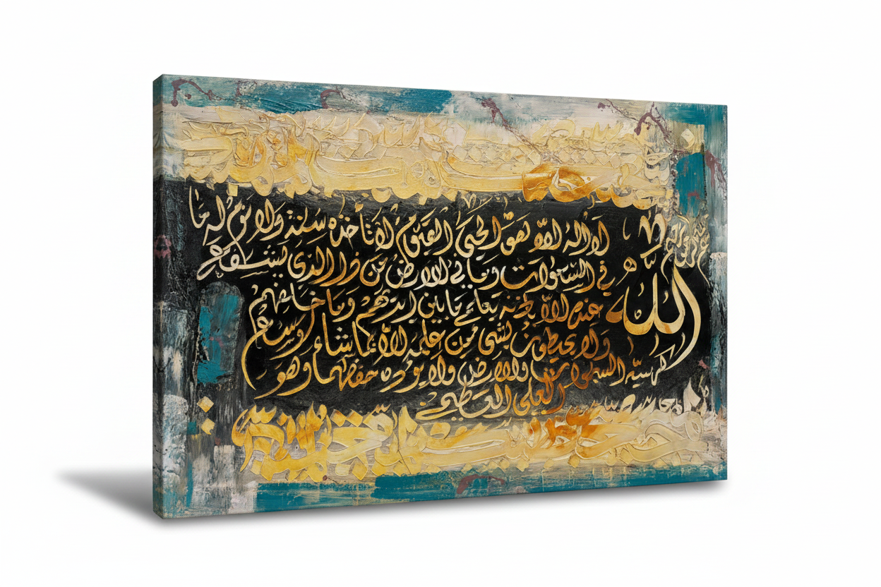 Ayat al-Kursi gold calligraphy canvas art on white background with shadow, no frame, product shot