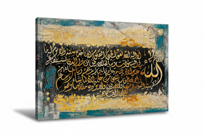 Ayat al-Kursi gold calligraphy canvas art on white background with shadow, no frame, product shot