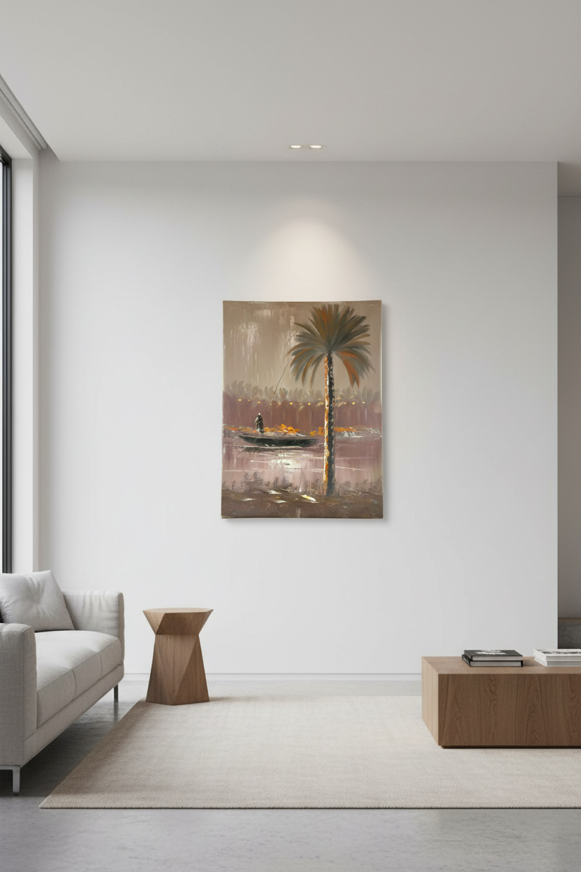 Fisherman painting hung on empty white wall in minimalist living room