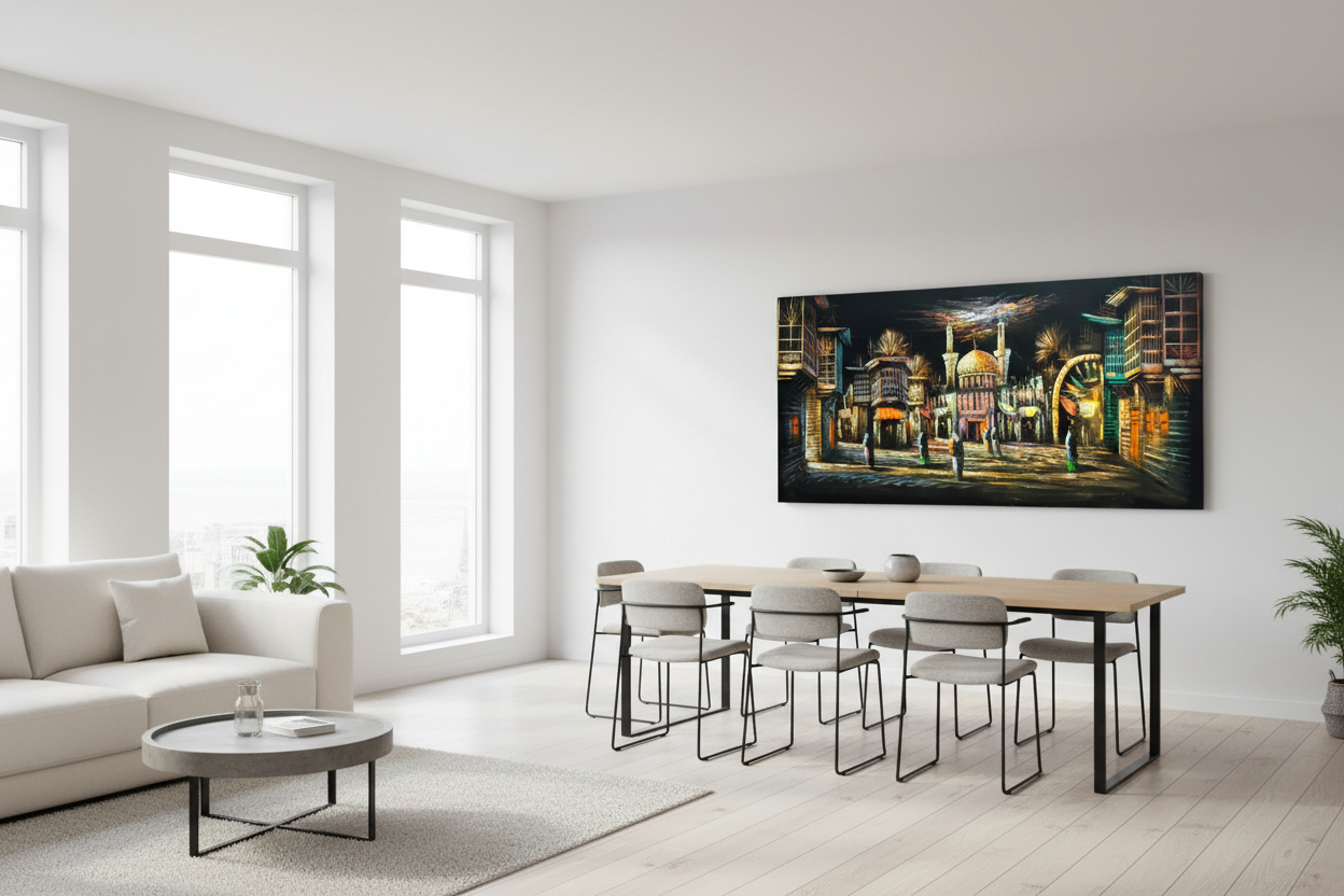 Golden mosque bazaar night scene canvas wall art displayed in open dining and sitting area