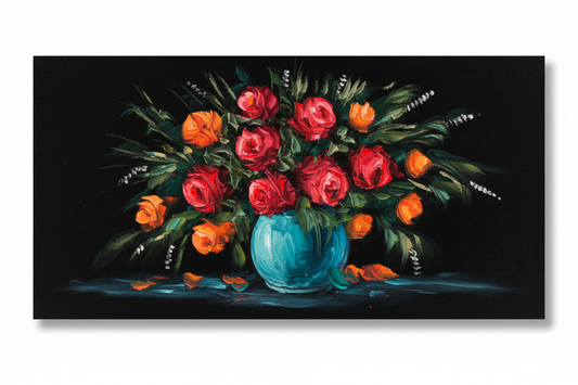 Red and Orange Roses in Teal Vase original oil painting on white background with natural shadow