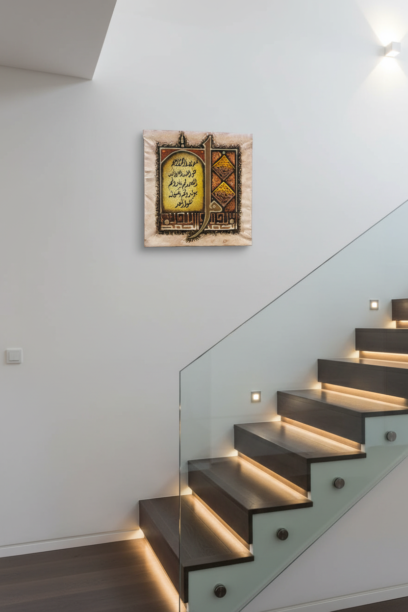 Surah Al-Ikhlas Alif canvas displayed on staircase wall – 35cm x 35cm square