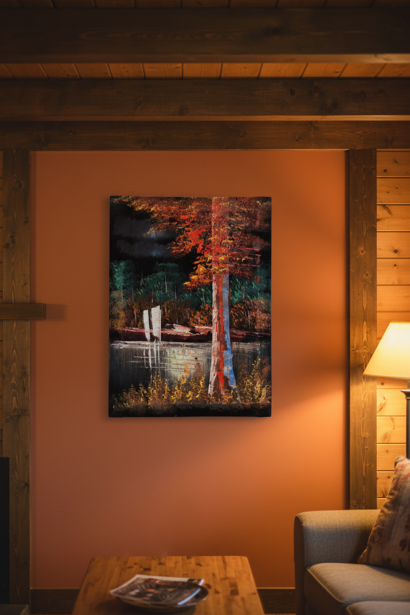 Autumn Forest by the River oil painting on rust burnt orange wall in cozy rustic cabin living room — no frame, warm lifestyle art photography