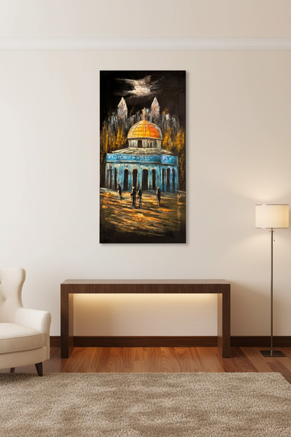 Dome of the Rock painting displayed in luxury living room area setting