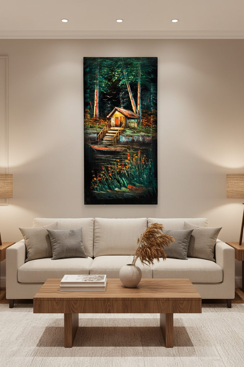 Forest boathouse painting displayed as statement piece in luxury living room