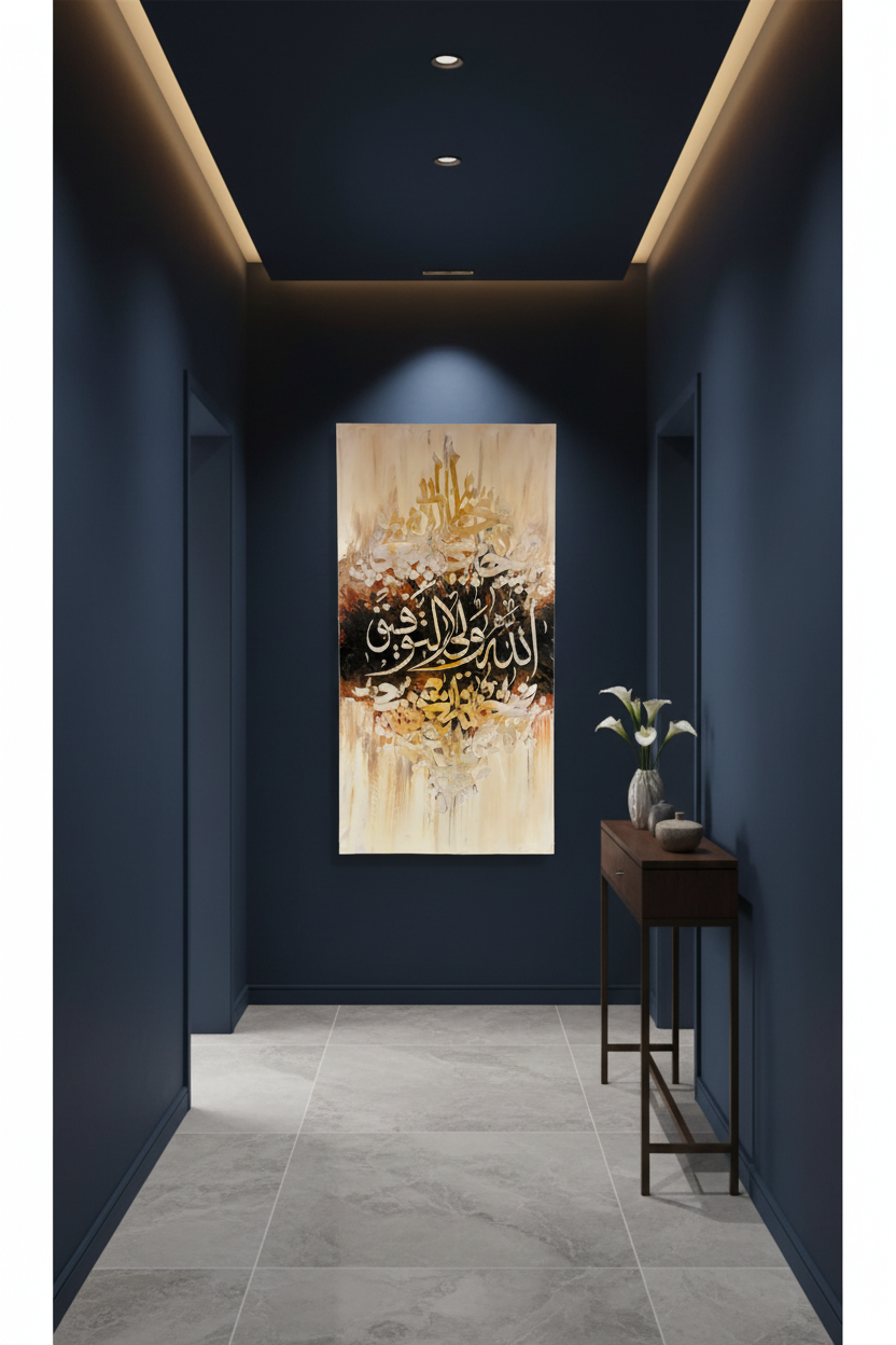 Allahu Waliyyul Tawfiq Islamic calligraphy canvas art hung in a modern hallway – lifestyle mockup, no frame