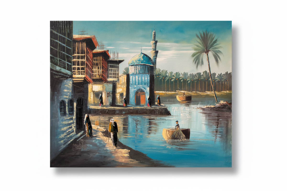 Original Middle Eastern riverside mosque oil painting isolated on white background with soft drop shadow — clean product shot
