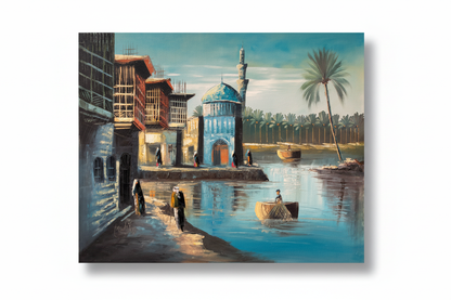 Original Middle Eastern riverside mosque oil painting isolated on white background with soft drop shadow — clean product shot