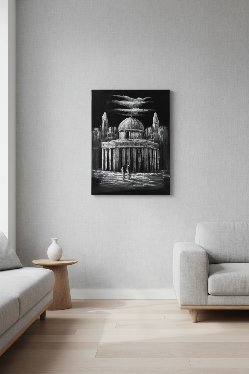 The Grand Dome black and white oil painting on cool light grey wall in modern Scandinavian living room — no frame, clean contemporary lifestyle photography