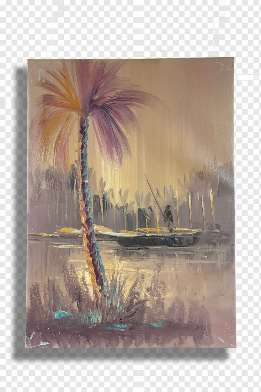 Purple palm tree and fisherman oil painting with transparent background and soft drop shadow – no frame