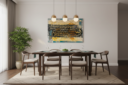 Ayat al-Kursi gold calligraphy canvas displayed in a dining area, no frame