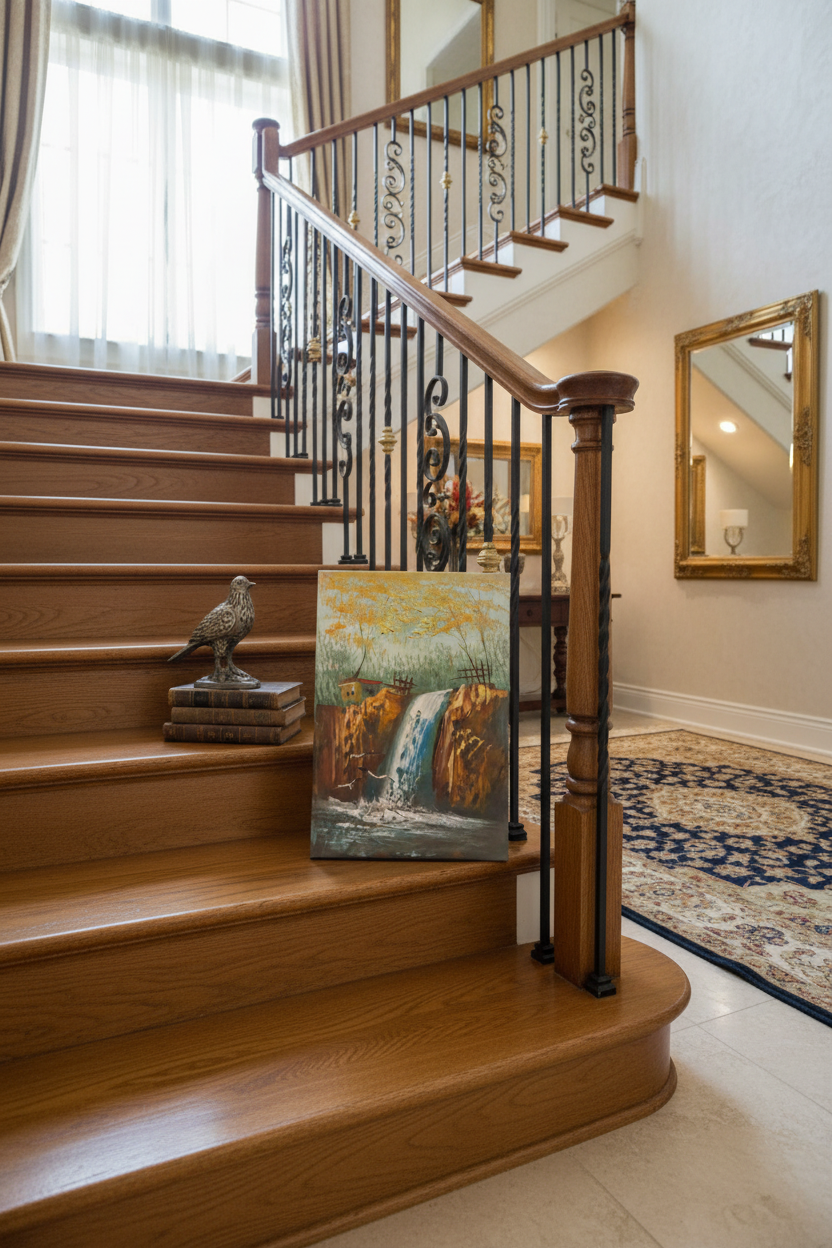 Autumn waterfall landscape oil painting staged on luxury staircase ledge – no frame