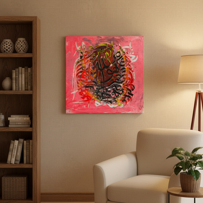 Allah hot pink red square canvas art displayed in a cozy living room corner, no frame