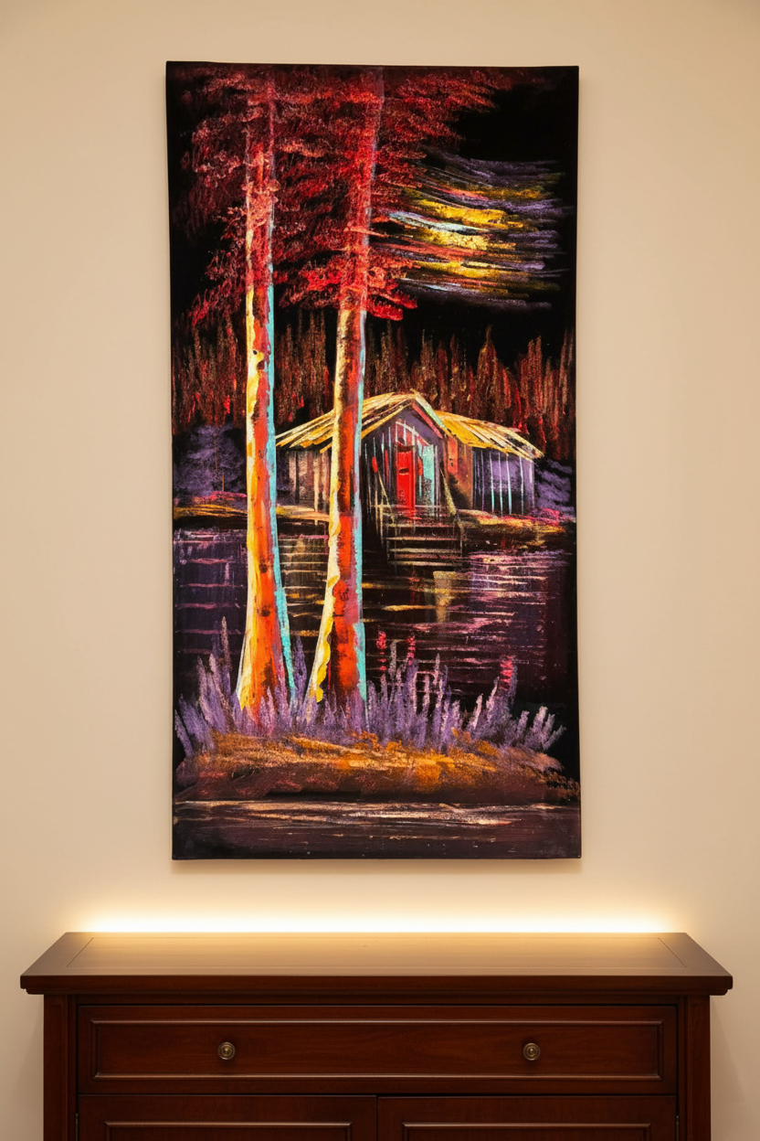 Red Forest Cabin painting displayed in luxury living room area setting