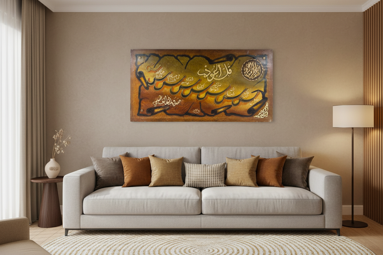 Surah An-Nas Islamic calligraphy canvas displayed in a modern living room above sofa
