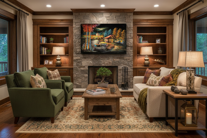 Autumn lakeside cabin canvas art in cozy bedroom or sitting area — lifestyle interior mockup